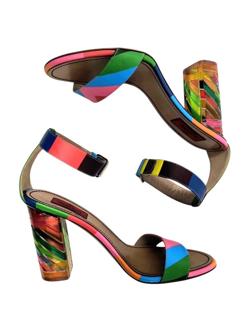 Valentino Garavani Rainbow Block Heels Chevron Sandals 1973 EU 38 / US 8 Pride